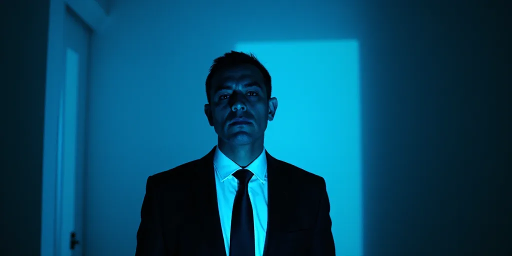 a man in a suit and tie with a blue background and a black and white photo of him and the caption of