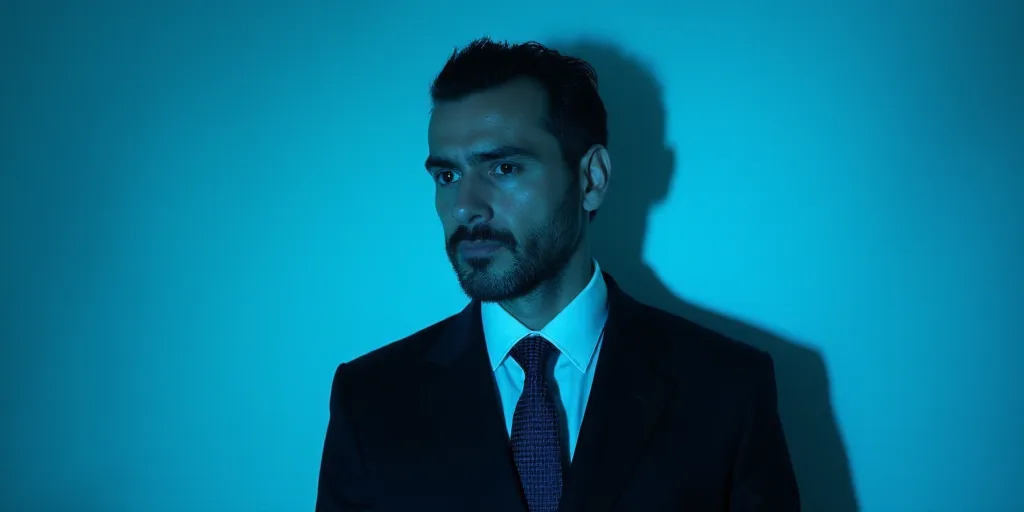 a man in a suit and tie with a blue background and a black and white photo of him and the caption of
