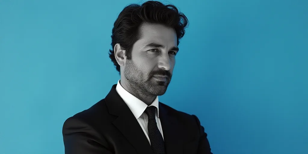a man in a suit and tie with a blue background and a black and white photo of him with the caption a