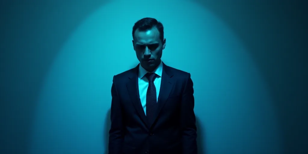 a man in a suit and tie with a blue background and a black and white photo of him and the caption of