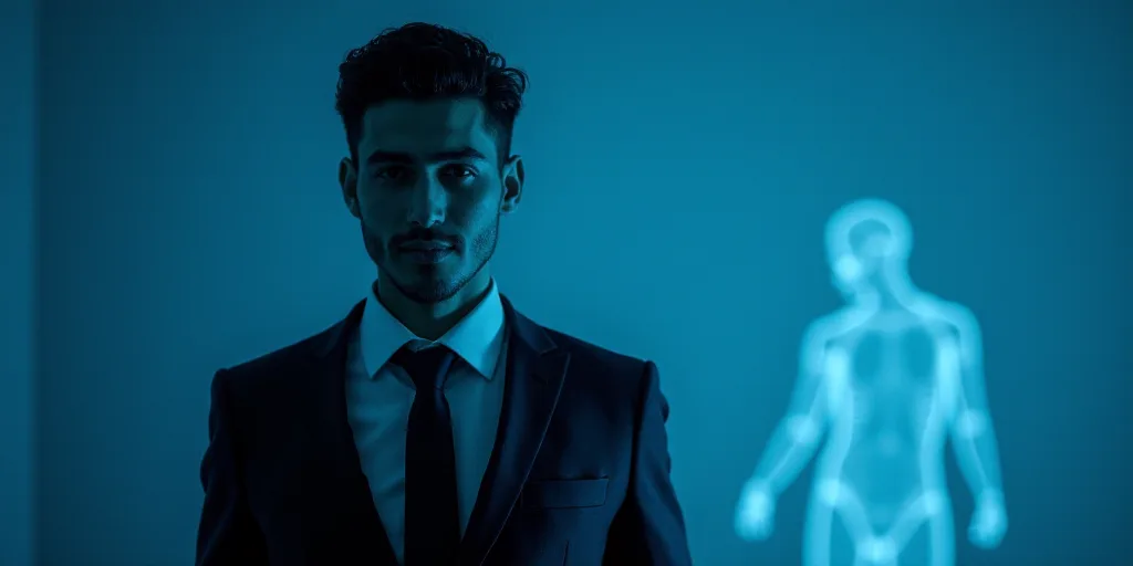 a man in a suit and tie with a blue background and a black and white photo of him and the caption of