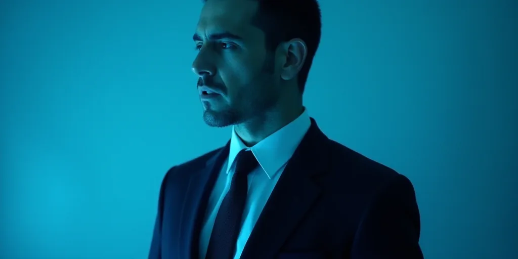 a man in a suit and tie with a blue background and a black and white photo of him and the caption of