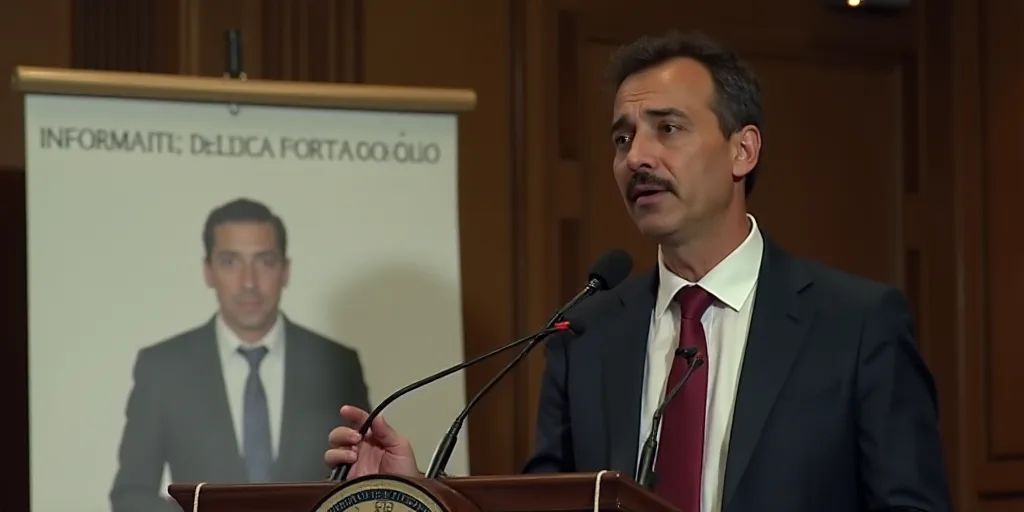 a man in a suit giving a speech at a podium with a poster behind him that reads information del port