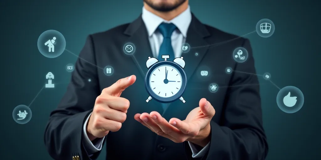 a man in a suit holding a clock with icons around him and a hand pointing at it with both hands, Ai-