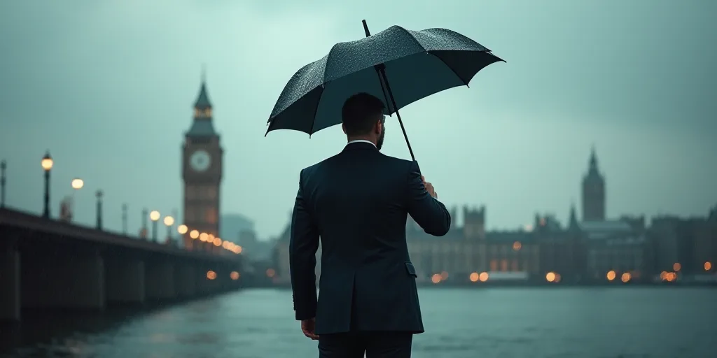 a man in a suit holding an umbrella in the rain with a city in the background and a bridge in the fo