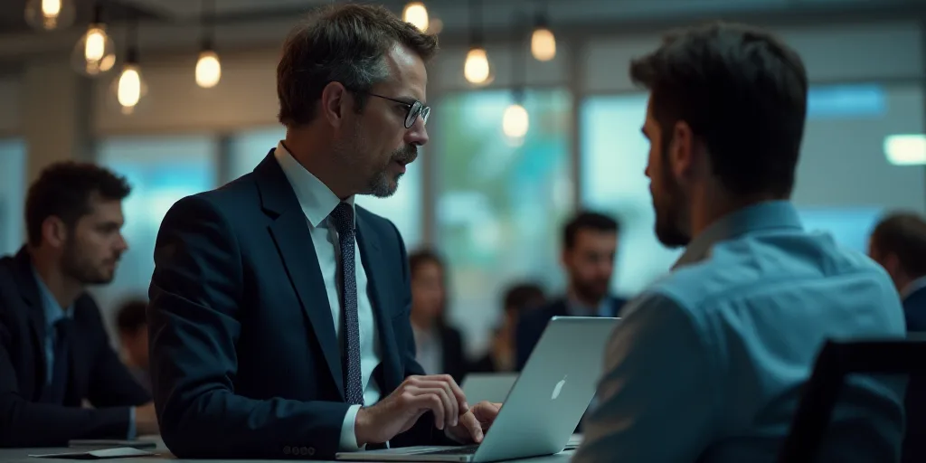 a man in a suit is looking at a clock while others look at him on a laptop computer in a busy office