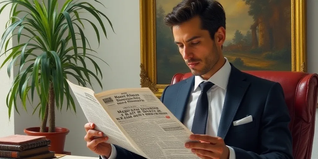 a man in a suit is reading a newspaper in an office setting with a plant in the background and a pai