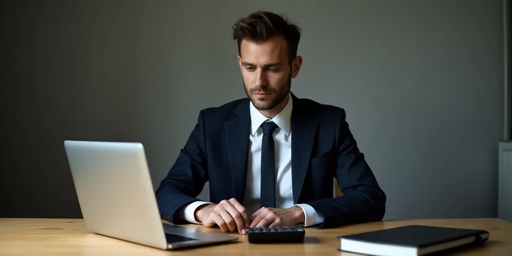 a man in a suit is sitting at a desk with a calculator and a laptop computer on it, Avgust Černigoj