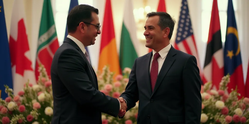 a man in a suit shaking hands with another man in a suit and tie in front of flags and flowers, Estu