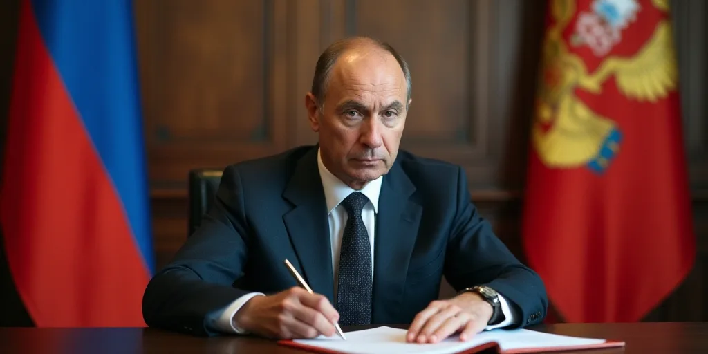 a man in a suit sitting at a table with a pen in his hand and a russian flag in the background, Bori