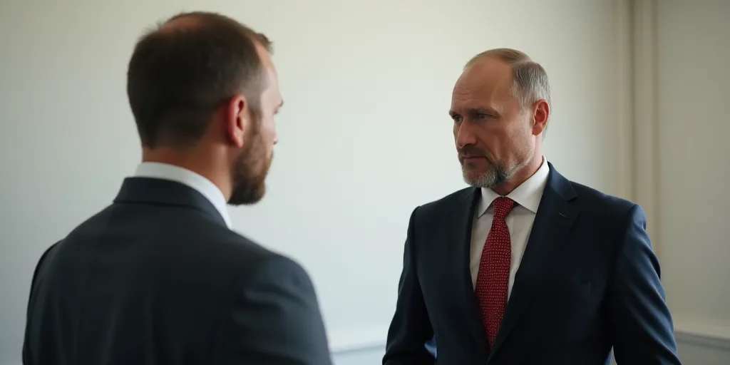 a man in a suit talking to a man in a red tie and black shirt in a room with a white wall, Boris Vla