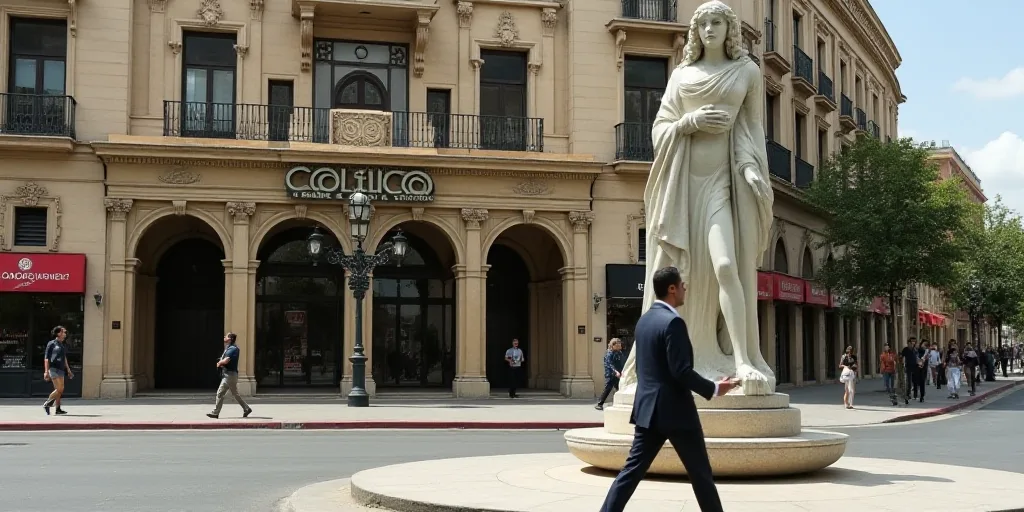 a man in a suit walks past a sign for codelcoo in a city center in mexico, on the outskirts of a bui