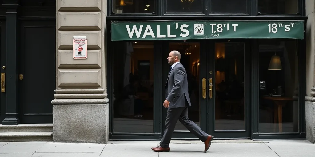 a man in a suit walks past a wall street sign on a building in new york city, ny, Andries Stock, mit