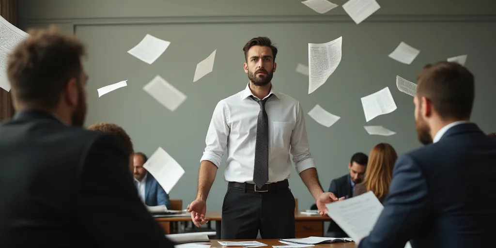 a man in a tie is standing in a room with papers flying around him and people sitting at desks, Eric