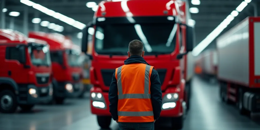 a man in a vest looking at a red truck in a factory with other vehicles on the assembly line, Dahlov