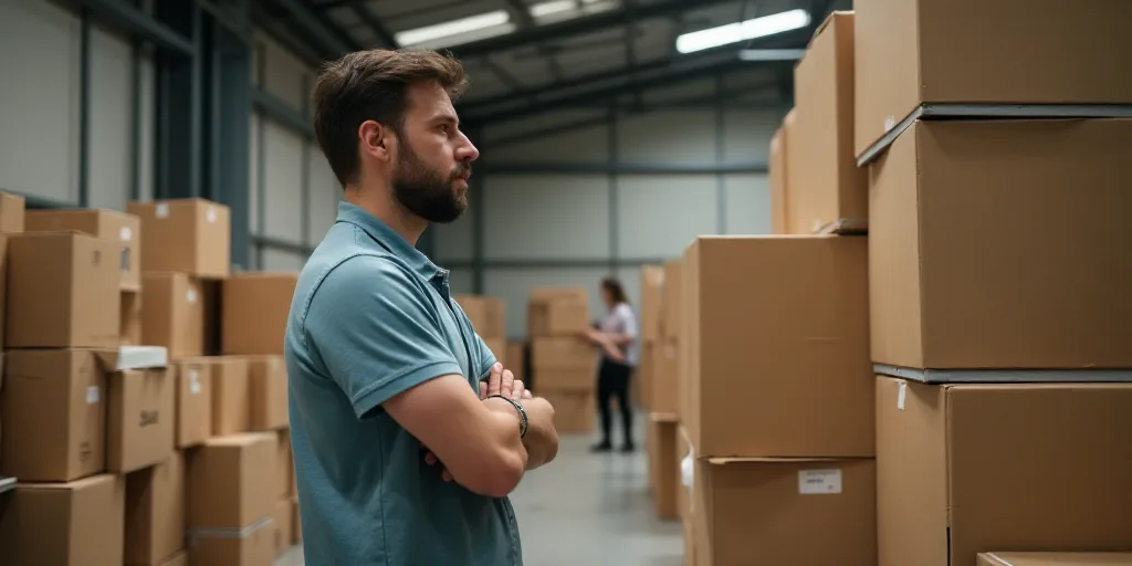 a man in a warehouse with boxes stacked on top of each other and a woman in the background working b