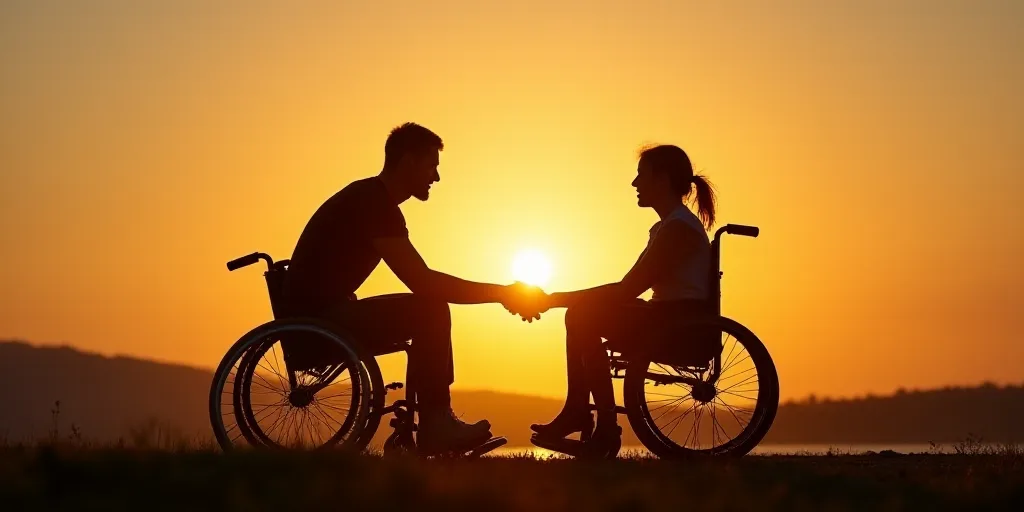 a man in a wheelchair is holding the hand of a woman in a wheelchair at sunset with the sun behind h