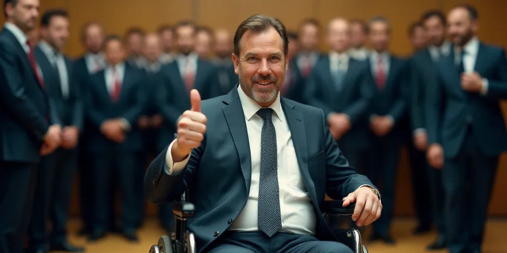 a man in a wheelchair with a thumbs up in front of a crowd of people wearing suits and ties, Candido