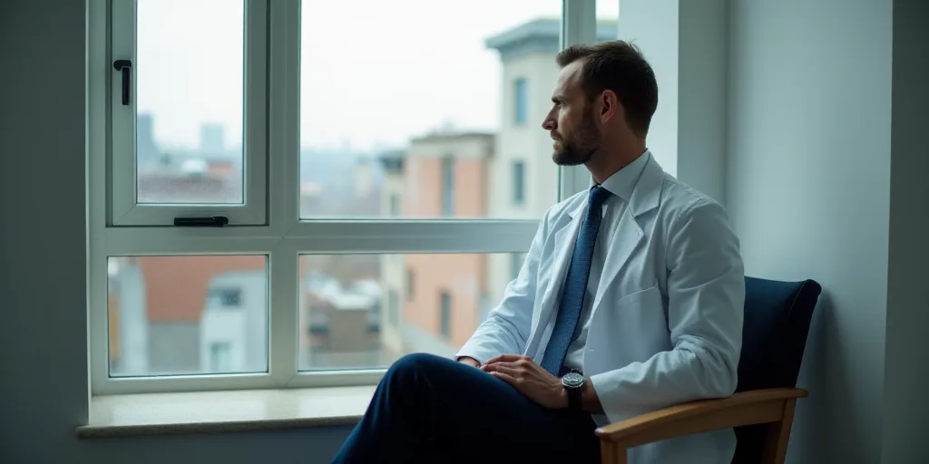 a man in a white coat sitting in a chair looking out a window at the street and buildings in the bac