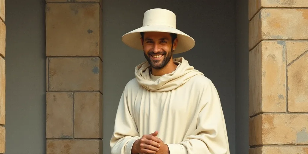 a man in a white robe and a white hat smiles at the camera while standing in front of a stone wall,