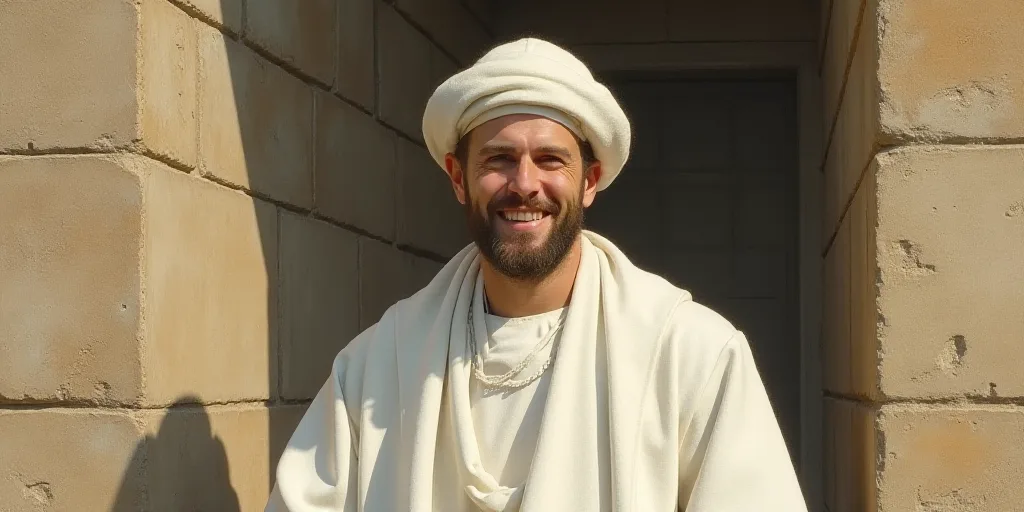 a man in a white robe and a white hat smiles at the camera while standing in front of a stone wall,