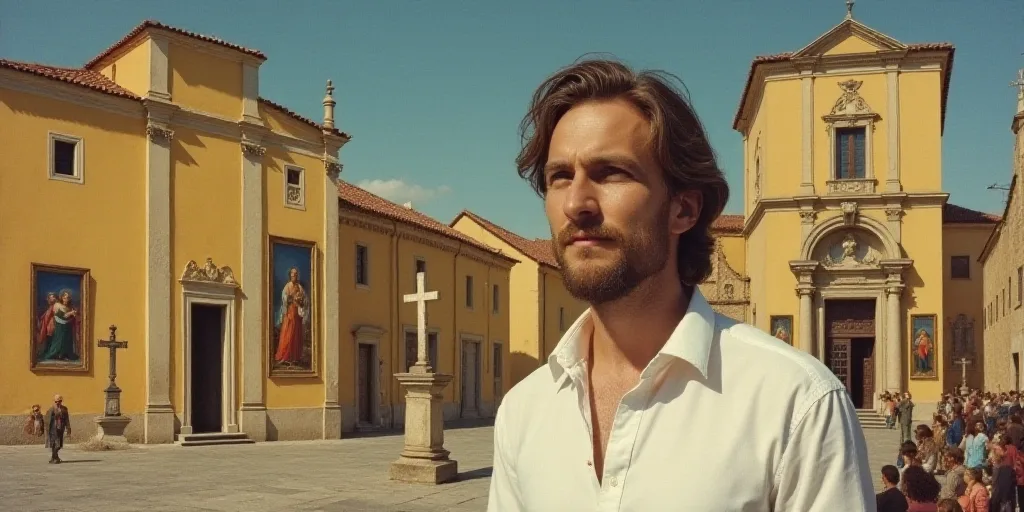 a man in a white shirt and a building with paintings on it and a cross on the side of the building,