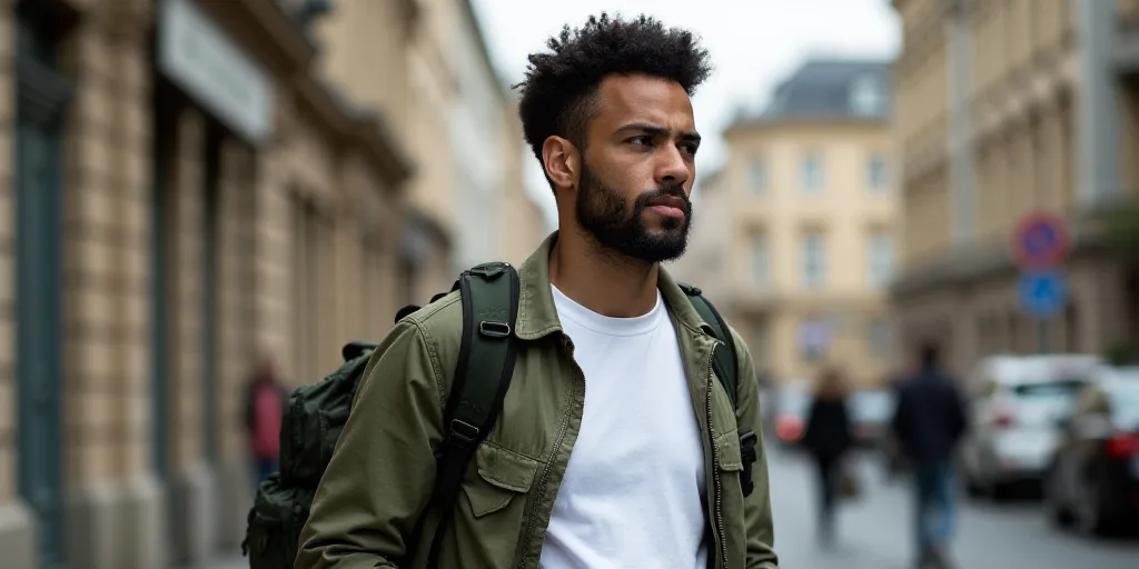 a man in a white shirt and a man in a white shirt and a camouflage jacket and a backpack, Frances Je
