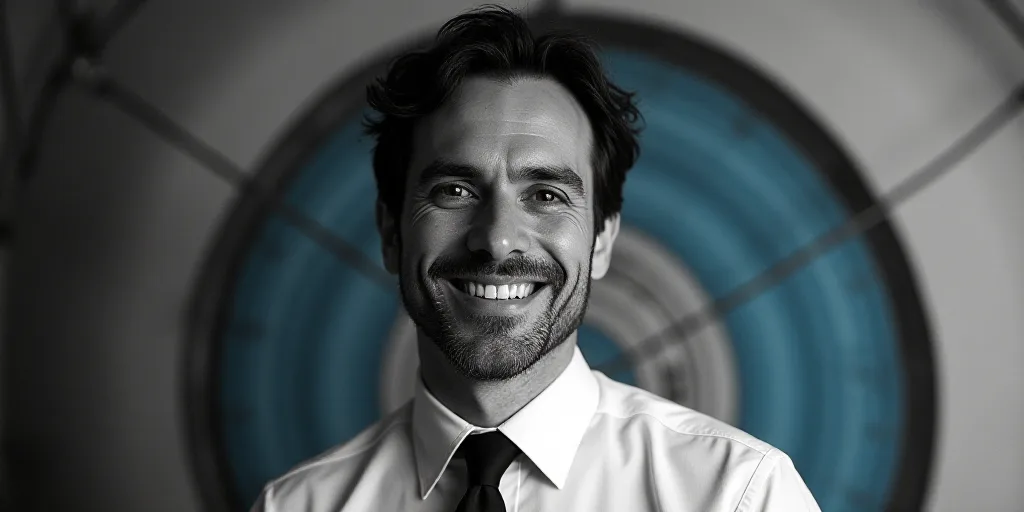 a man in a white shirt and tie is smiling for the camera with a black and white background and a blu