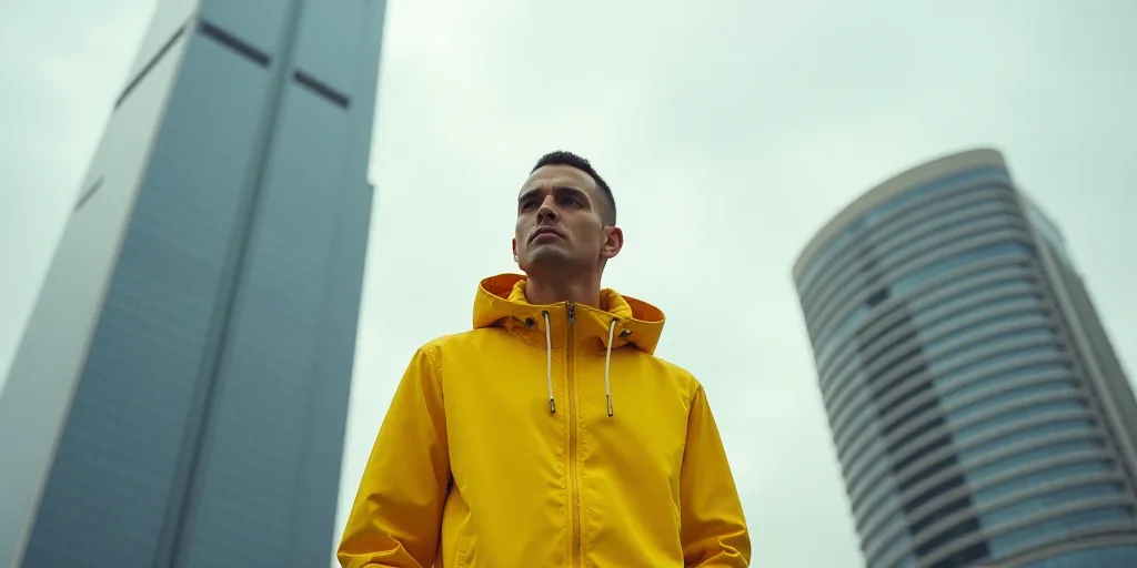a man in a yellow jacket in front of a building with a skyscraper in the background and a skyscraper