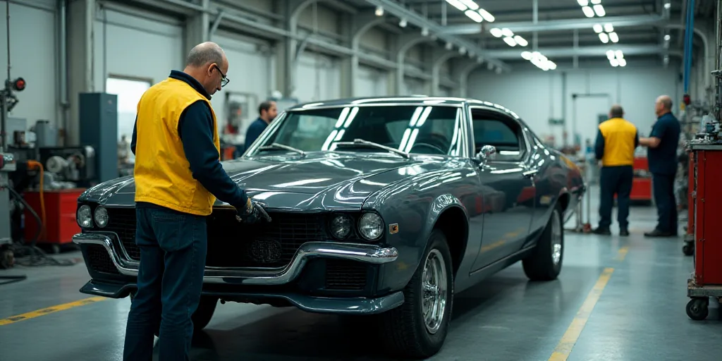 a man in a yellow vest working on a car in a factory with other workers nearby and a worker in a yel