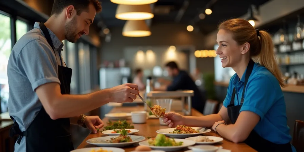 a man in an apron is serving food to a woman in a blue shirt and black apron in a restaurant, Bourge