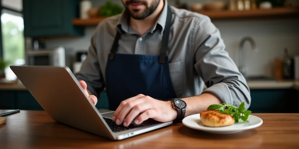 a man in an apron is working on a laptop computer and holding a pen and paper in his hand, Arlington