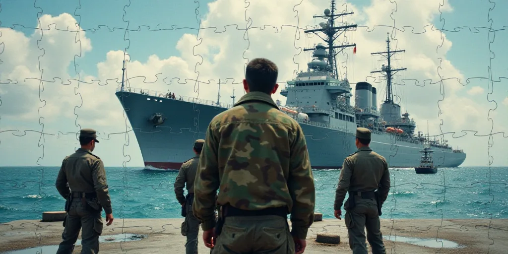 a man in camouflage standing in front of a large ship on the water with other men nearby in uniform,