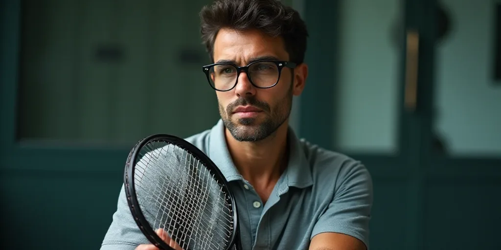 a man in glasses is holding a tennis racket in his hands and is looking at the camera with a serious
