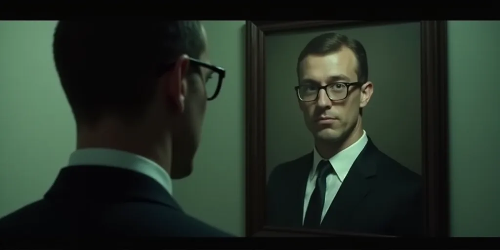 a man in glasses is looking at a picture of a man in a suit and tie and a man in a suit and tie, Aus