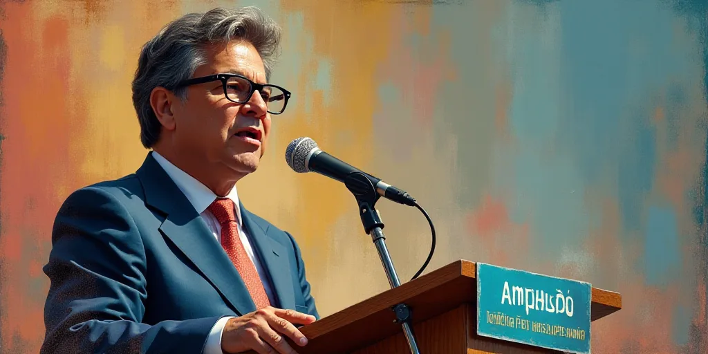a man in glasses speaking at a podium with a microphone in front of him and a sign behind him, Aníb