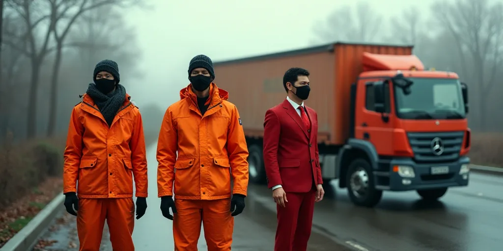 a man in orange is standing next to a truck and a man in a red suit is standing next to a truck, Cao