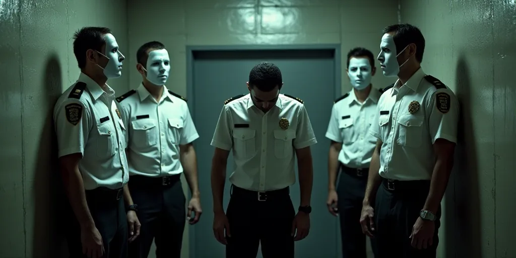 a man is being held in a jail cell by police officers in white shirts and black pants and a white ma