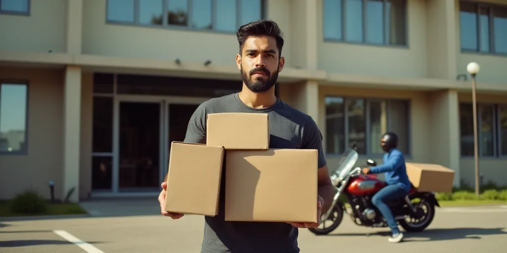 a man is holding a bunch of boxes in front of a building with people standing around it and a motorc