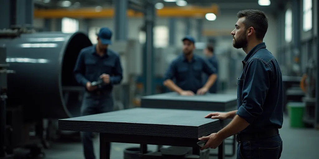 a man is looking at a large black piece of metal in a factory with other workers in the background,