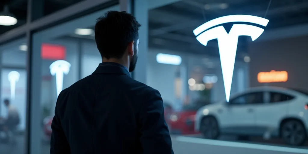 a man is looking at a logo of a company that sells tesla cars and electric vehicles in the united st
