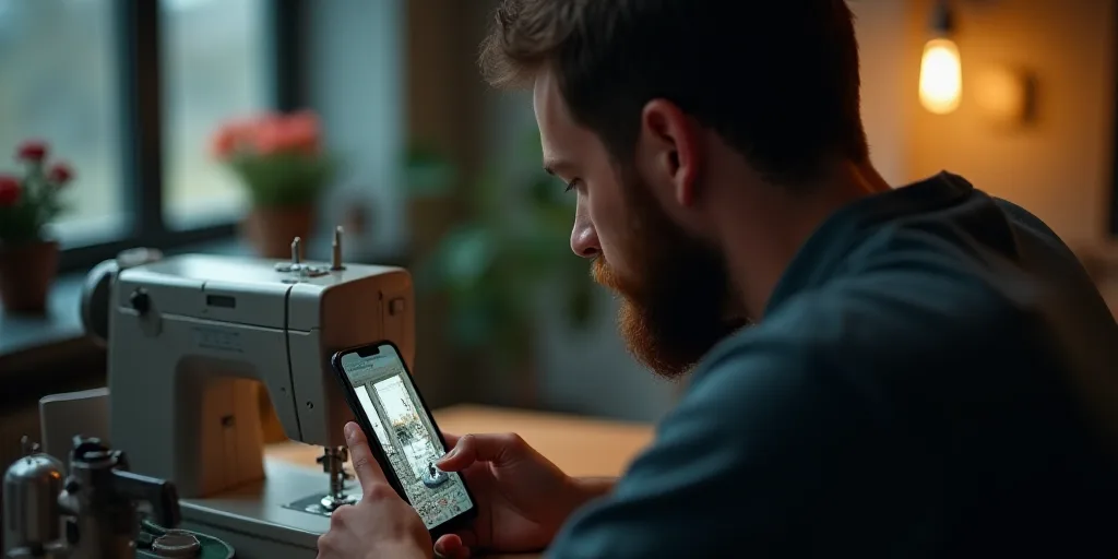 a man is looking at a picture on a cell phone screen while he is working on a sewing machine, Andrie