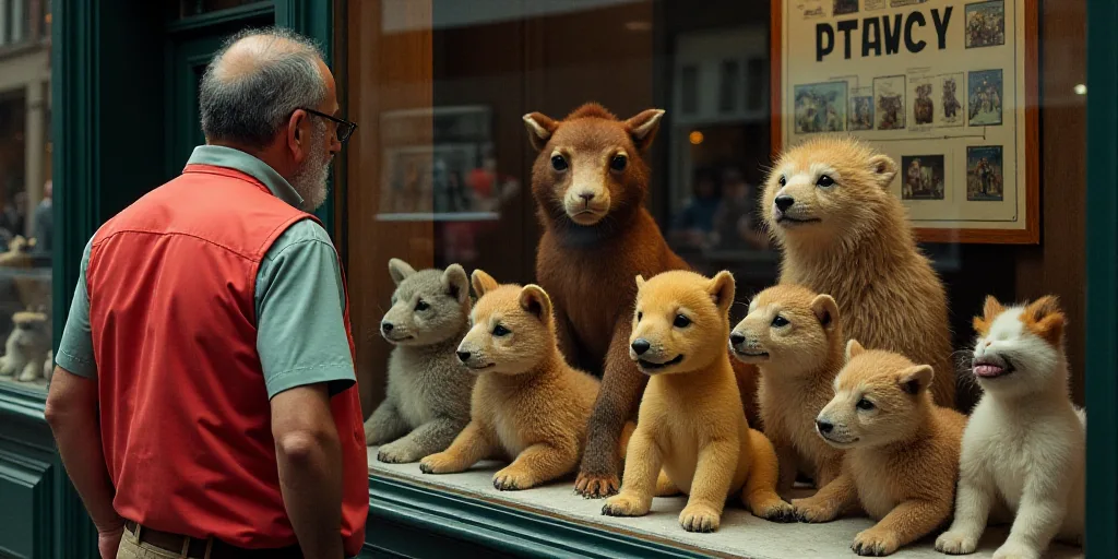 a man is looking at stuffed animals in a store window display case, with a red vest on and a red ves