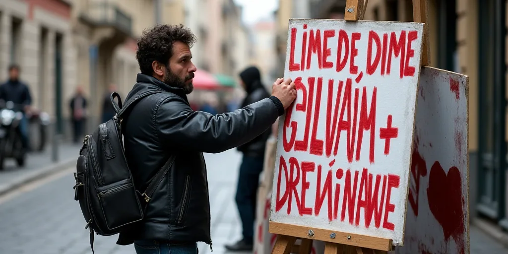 a man is putting up a sign in a public place with other signs behind him and a man standing behind h