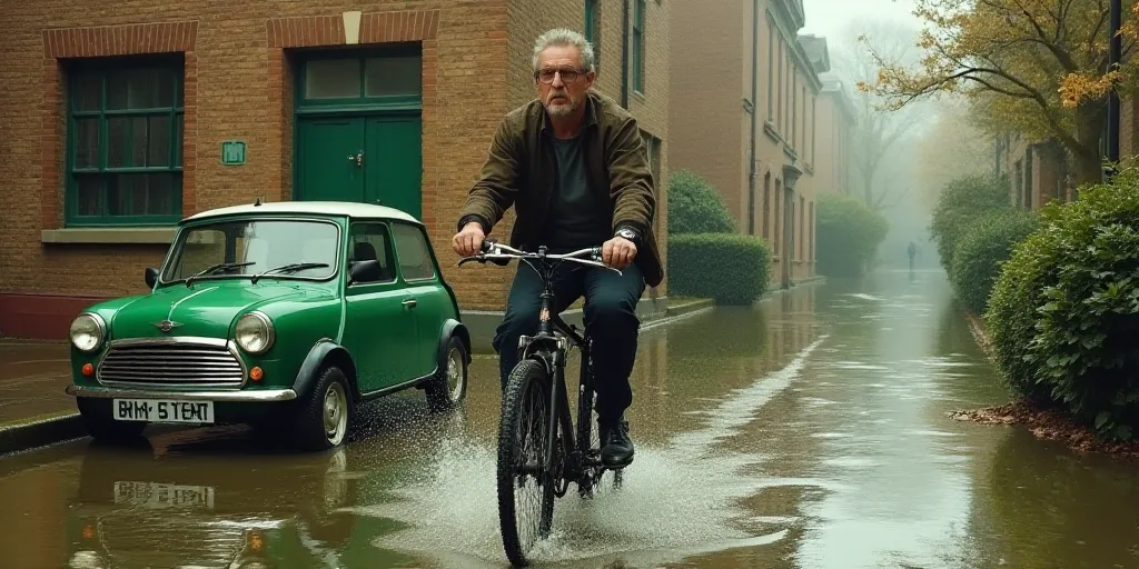 a man is riding his bike through a flooded street in front of a building with a green door and a gre