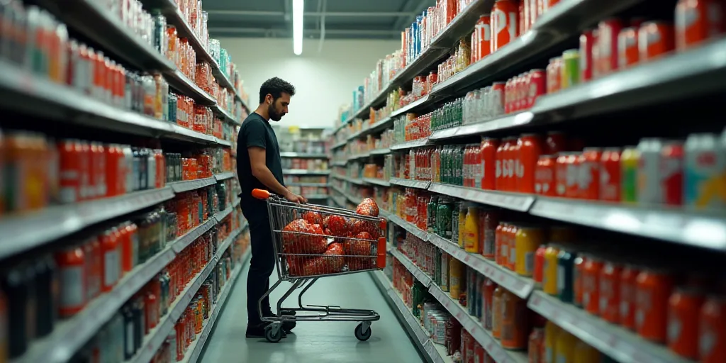 a man is shopping in a store with a cart full of sodas and soda cans on the shelves, Andries Stock,