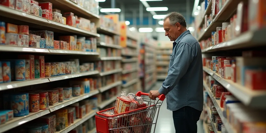 a man is shopping in a store with a lot of items on the shelves and shelves behind him is a red and