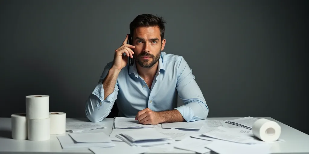 a man is sitting at a table with a lot of papers and a phone in his hand and a lot of toilet paper i
