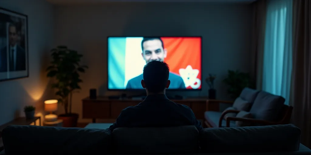 a man is sitting in front of a television screen with a picture of a man on it and a flag on the scr