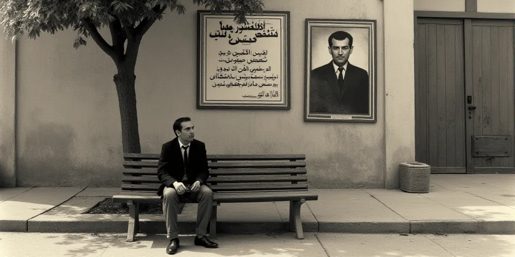 a man is sitting on a bench in front of a sign with a picture of a man on it, Farid Mansour, orienta